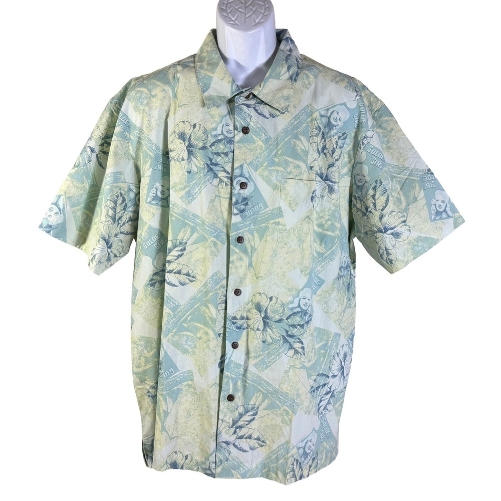 Trader Bay Button Up Shirt Men XL Green Golden Girl Pinup Hibiscus Floral Cotton